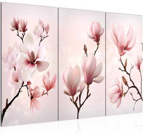 Runa Art Fleurs Peinture Tableau Salon Chambre à coucher Bureau Fleurs magnolias Rose pâle 40 x 80 cm - 3 Tableaux 3 Parties 057331a