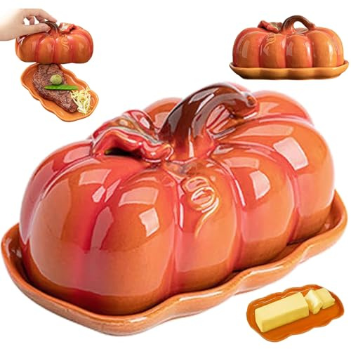 Ceramic Pumpkin Butter Dish with Lid, Pumpkin Fall Countertop Tray, Ceramic Butter Dish for Halloween Thanksgiving Autumn Table Dessert Display