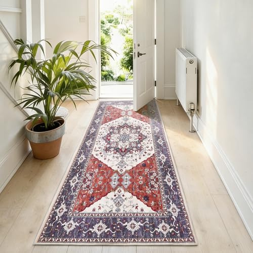Puremy Vintage Flur Teppich, Waschbare Boho Kurzflor Läufer Teppiche, Wohnzimmerteppich, Klein Rug rutschfest für Bettvorleger Matte/Deko/Schlafzimmer/Kinderzimmer, 80x150cm, Rot