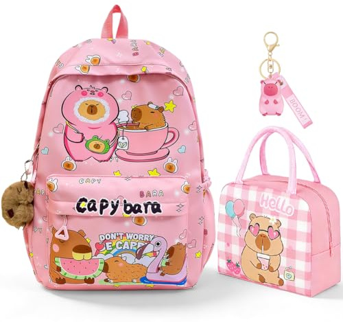 Rosa Capybara Schulrucksack Kinder Set mit Lunchtasche, Plüsch-Schlüsselanhänger und PVC-Anhänger – Perfekter Schul- und Freizeitrucksack für Mädchen, Ideal für Schule, Reisen, Arbeit und Picknicks