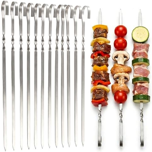 Set di 15 Spiedini Acciaio Inox per Barbecue, 30cm Spiedini Piatti Riutilizzabili per Griglia, Accessori BBQ Professionali per Arrosticini, Carne, Pesce e Verdure