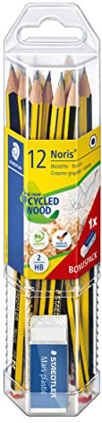 STAEDTLER Bleistift Noris 120, Made from Upcycled Wood, Härtegrad HB, Rutschfeste Soft-Oberfläche, Set mit 12 Bleistiften, 1 Radiergummi, hohe Qualität Made in Germany, 61 120P1