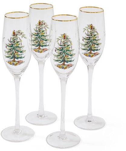 Spode 1625051 Christmas Tree Glassware Champagne Flutes (Set of 4), Glass, Multicolor