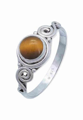 mantraroma Damen Silberring 925 mit Tigerauge – runder Cabochon Edelstein Ring Statement Schmuck