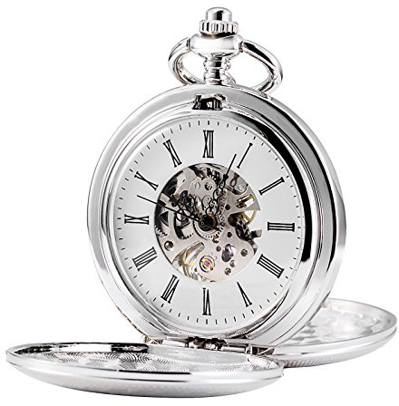 TREEWETO Mens Double Open Case Skeleton Pocket Watch Mechanical Hand Wind Full Hunter Silver Fob Watches