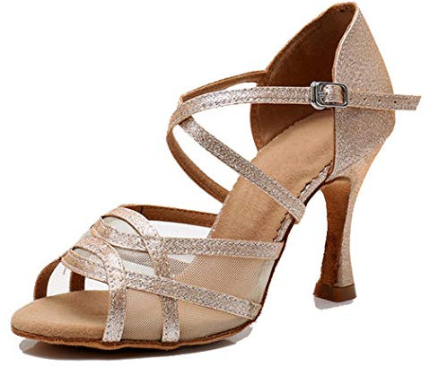 MGM-Joymod Damen Comfort Mesh Glitzer Peep Toe Salsa Tango Ballsaal Latein Modern Tanzschuhe Hochzeit Party Sandalen, Goldfarbener Glitzer, 9 cm Absatz,39 EU