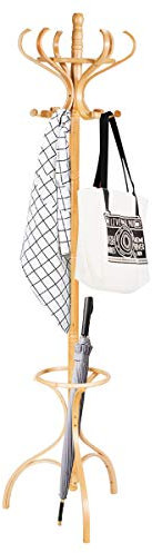 COSTWAY Porte-Manteau sur Pieds en Bois avec 12 Crochets,Porte-Parapluie,Charge Maximale 10KG,180CM de Hauteur pour l’Entrée,Salon,Chambre à Coucher,Bureau (Bois Naturel)