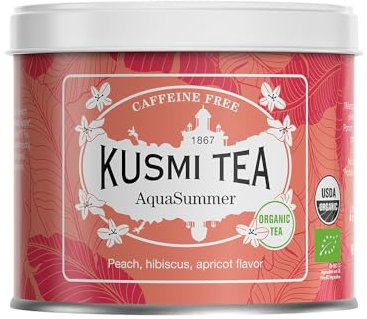 Kusmi Tea Infusion Bio AquaSummer - Mélange d'Hibiscus et de Fruit Saveur Pêche et Abricot 100 g de Boîte en Métal