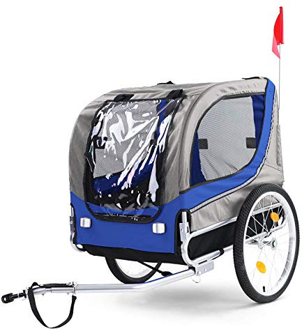RAMROXX Fahrradanhänger Hundeanhänger klappbar für Haustiere Blau Grau bis 40Kg
