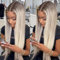 VEBONNY Ombre Platinblonde Lace Front Perücke mit Braunen Wurzeln 613 Synthetik-Haarperücken 22 Zoll Seidig Glatt Klebstofffreie Lace Front Perücken VEBONNY 036neu