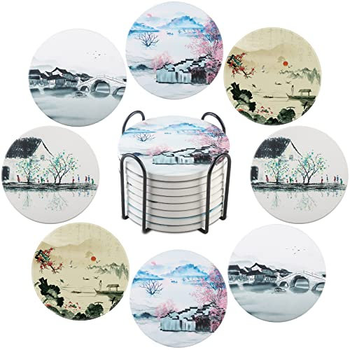 Ensemble de 8 sous-Verres en céramique pour Boissons, sous-Verre Rond en liège Absorbant l'eau de 10 cm avec Support, Convient pour Le café, Le jus, Le Lait, l'eau glacée, l'eau Chaude