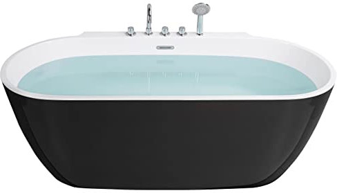 Acryl Badewanne oval freistehend schwarz mit Armatur Überlauf 170 x 80 cm Rotso