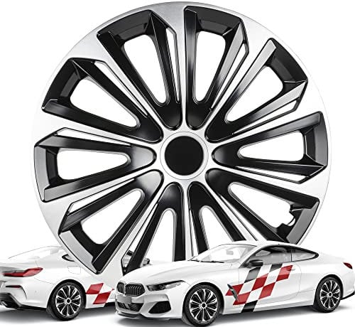 Walser Premium Radkappen New Racer, 4er Set Radkappen Auszeichnung Sehr Gut*, Radzierblenden 15 Zoll, Radblenden für Alufelgen Stahlfelgen, Auto Radzierblende schwarz Silber - Made in Europe
