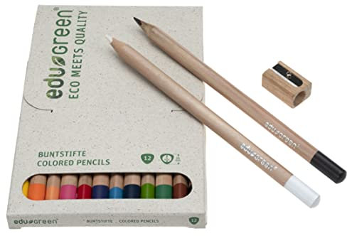 eduGREEN® - 15er-Set - 12 Buntstifte, 2 Stifte (Graphit, Weiß) mit Qualitätsmine in Graskarton-Schachtel, 1 Holzspitzer. Holz aus zertifiziertem Anbau, Lack wasserlöslich, Prägefolie abbaubar