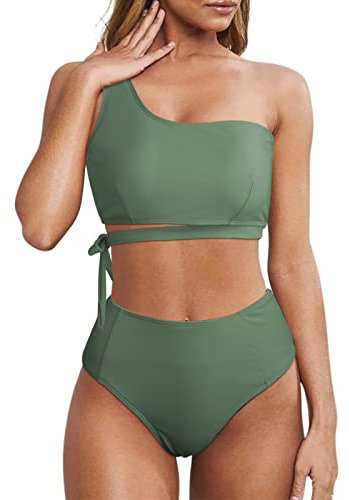 Wantonfy Damen Bikini Sets High Waist Schwimmanzug Zweiteiliger Badeanzug EIN Schulter Bademode Swimsuit