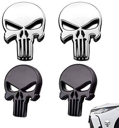 4 Stück Autoaufkleber Punisher Skull, Totenkopf Auto Sticker, 3D Metall Aufkleber Silber für Motorrad, Fahrrad, Auto Styling DIY Dekoration Zubehör (Schwarz, Weiß)