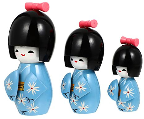 Gadpiparty Japanische Holzpuppe 3er-Pack Kimono-Puppe Ornament Bob-Statue Zur Dekoration