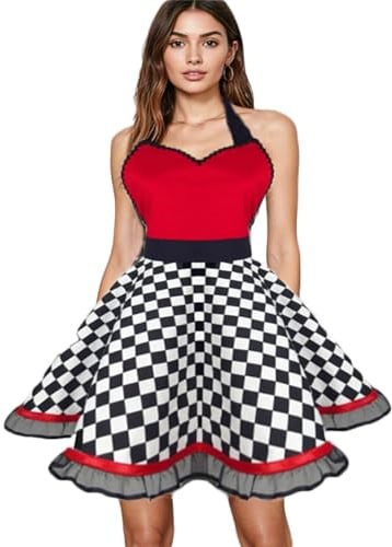Gaf Nuncew Delantal de Cocina con Estampado de Lunares y Vuelo - Delantals Largo y Elegante para Mujer - Delantal para Hornear, Cocinar y Limpiar - 100% Algodón (Sin Bolsillos)
