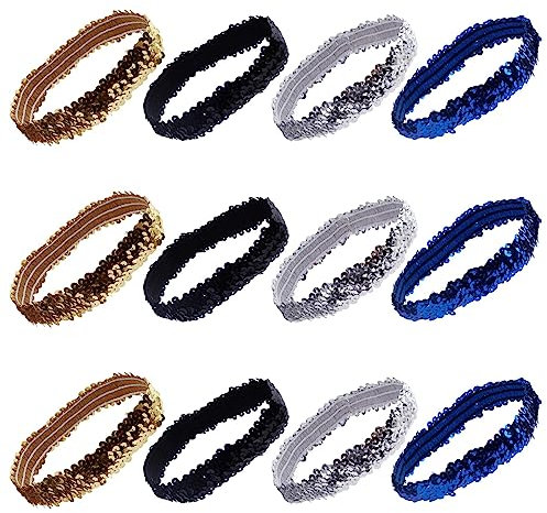 GORGECRAFT 12-Teiliges Pailletten-Stirnband Elastisch Leuchtend Dehnbar Funkelnd Glitzernd Modisch Verstellbares Haarband Zubehör-Set Für Damen Sport Tanz Party Teams Store (4 Farben)
