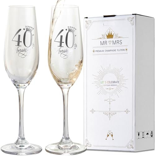 iooiluxry 40th Anniversary Wedding Gifts, Champagne flutes 40th Anniversary Decorations Champagne Glasses with Rhinestones 40th Gift for Married Couples, Relatives, Parents