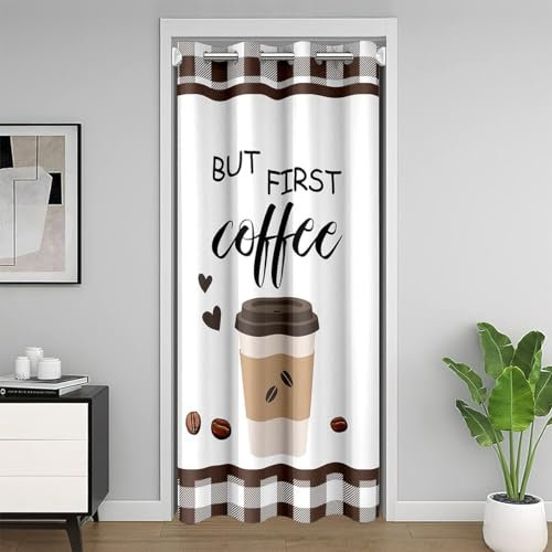 richhome Kaffee Tür Vorhang für Privatsphäre Tropische Pflanze Kaffee Bohnen Vorhang für Schlafzimmer Braun Weiß Plaid Check Vorhang für Schrank Raum Vorhang 1 Panel 86x203