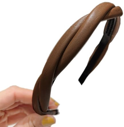 Leder-Stirnband,Zweisträngiges Geflochtenes Stirnband für Damen,Rutschfestes Elastisches Haarreifen,Stirnbänder mit Zähnen Dünne,Haarreif Haarschmuck für Damen und Mädchen,Kaffeefarbe
