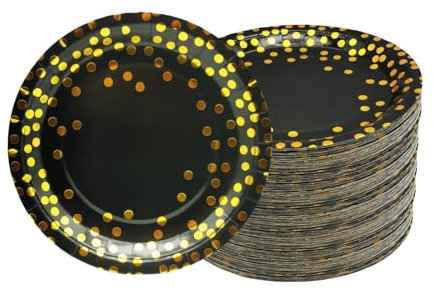 CEILIWEN Piatti di carta dorati – piatti per feste neri e dorati, confezione da 100 pezzi, 7/18 cm, neri con pois in pellicola, decorazione per feste
