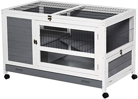 PawHut Cage à Lapin clapier sur roulettes clapier en Bois Cage à Lapin Villa pour Lapin avec Plateau Coulissant, Porte verrouillable, Dessus ouvrable 102 x 60 x 63,5 cm, Gris
