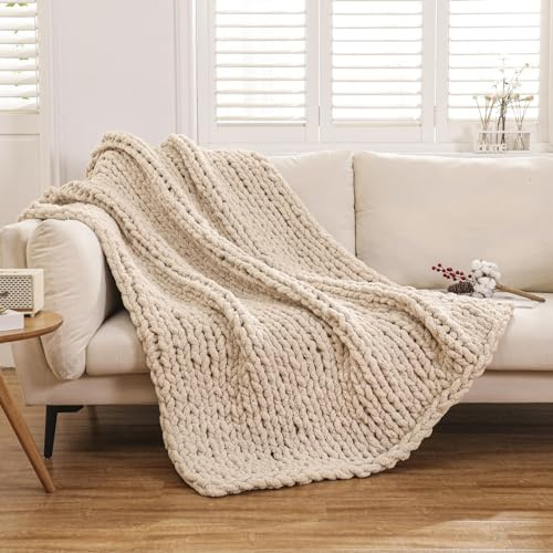 WESHIONGOO Chunky Knit Blanket Throw for Couch Bed 51×63 Linen