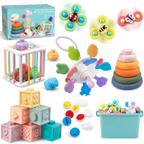 Plunack 6 in 1 Montessori Baby Toys - Stacking Rings, Blocks, Shape Sorter, Matching Eggs, Suction Cup Toy, Baby Sensory Gifts