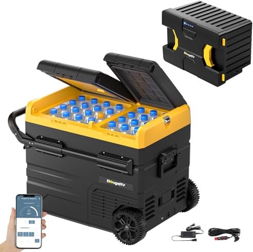BougeRV CRD 45L Kompressor Kühlbox mit Akku, Kühlschrank Auto Doppeltür Doppelzone 12V 24V 230V mit Batterie 173Wh (4-10 Stdn. Laufzeitverlängerung) Netzteil für Kühlbox Auto Camping