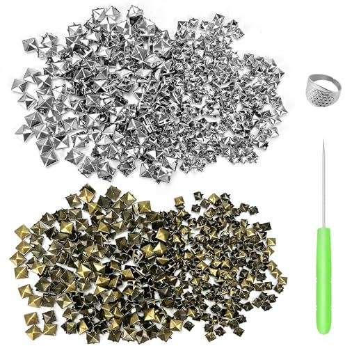 CiShow 800Stk Pyramidennieten, Pyramiden Nieten, Quadratische Nieten, Ziernieten Quadratisch, 7/10mm, mit Fingerhut und Bohrkegel für Kleidung Schuhe DIY Projekte(Bronze+Silber)