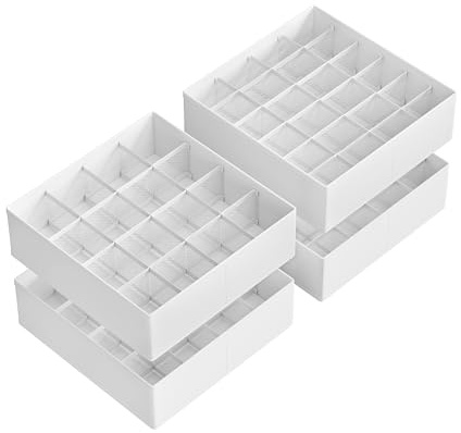 SONGMICS Lot de 4 organiseurs de tiroir, organiseurs de placard pour sous-vêtements, 80 compartiments, porte-chaussettes pliables, 30 x 30 x 10 cm, blanc nuage URUS011W01