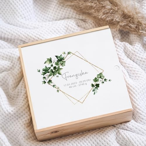 Erinnerungskiste aus Holz Baby Rahmen Efeu, Erinnerungsbox Geschenk Baby, Geschenk zur Geburt personalisiert, individuelles Geburtsgeschenk, Geschenk Baby Geburt