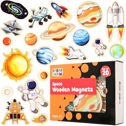 Spark & Wow Imanes de Madera – Espacio – Juego de 20 imanes para niños a Partir de 2 años – Bonitos imanes de Espacio Exterior para neveras, pizarras Blancas y más
