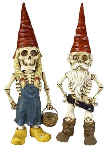 XJKLBYQ Male and Female Halloween Skeleton Gnome,2Pcs Resin Horror Garden Gnomes,Zombie Gnome Sculptures,Resin Dwarf Figurines for Indoor Home Ornaments Outdoor Patio Yard Lawn Porch Decor