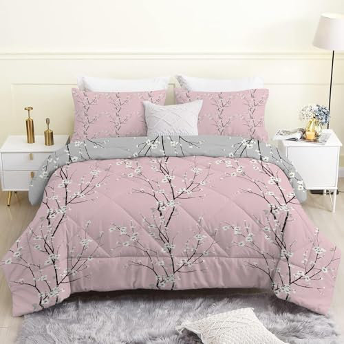 Fleur Prunier Rose Couette Imprimée 4 Saisons pour Lit 2 Personnes, Branches Grises Edredon Couette Légère Réversible, 2 Taies d'Oreiller 65x65 cm
