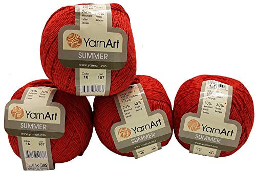 4 x 100 Gramm Summer Strickgarn, 4 x 100 Gramm 70% merzerisierter Baumwolle und 30% Viskose, einfarbig (rot 16)