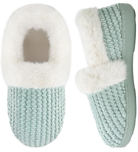 Mabove Slippers Women Fluffy Slippers Ladies Memory Foam Slippers Winter Warm Closed-back Home Slippers(Mint Green,5/6 UK)