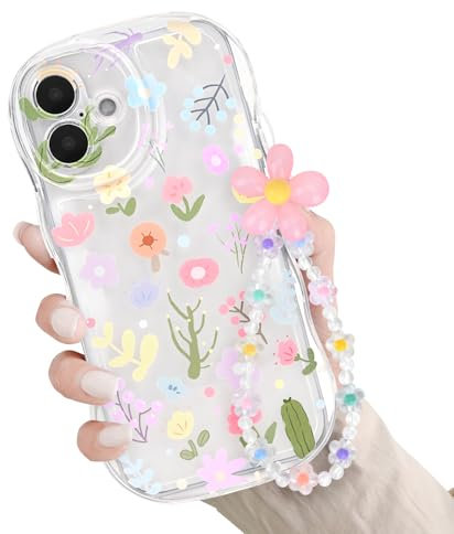Newseego Clear Phone Case for iPhone 16, Aesthetic Cute Flower Pattern with Floral Chain for Girls Women Soft Flexible TPU Wave Frame Shockproof Camera Protection Cover for iPhone 16