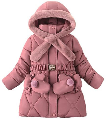 Happy Cherry Cappotto Piumino Bambina Calda Giacca Invernale con Cappuccio Rimovibile Ragazze Parka Lungo Antivento Elegante con Guanti Rosa 5-10 Anni