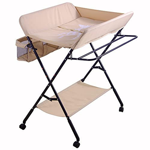 Willonin Wickeltisch, faltbar, abnehmbarer Wickeltisch mit Ösen und Aufbewahrungskorb, Wickeltisch, faltbar und tragbar, Gestell aus Eisen, höhenverstellbar, 74 x 63 x 92-98 cm (Aprikose)