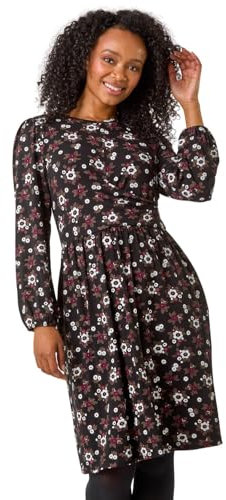 Roman Petite Floral Twist Detail Short Dress for Women UK - Ladies Everyday Autumn Winter Round Neckline Comfy Soft Evening Vacation Work Party Night Out - Petite Purple - Size 12