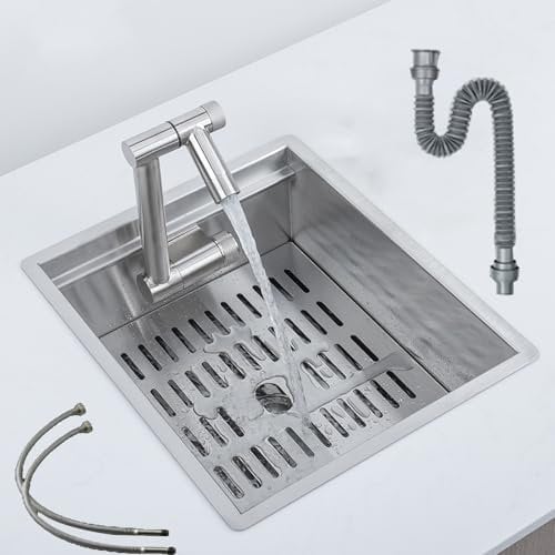 Petit Évier en Acier Inoxydable 304, Lavabo Cuisine, avec Couvercle, Robinets D'eau Chaude et Froide, Tuyaux D'arrivée et de Vidange D'eau, pour Camping-cars, Caravanes(Silver,400x320x180mm)