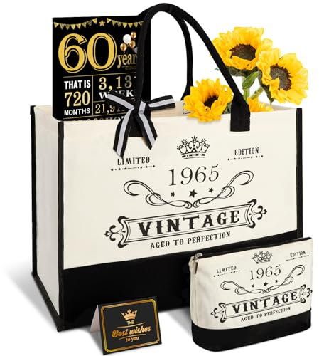 60. Geburtstagsgeschenke für Frauen Leinwand Tote Tasche Reiseausrüstung, 60 Jahre alte Geburtstagsgeschenke für Mutter Frau Freunde, Vintage 1965 Handtasche & Kosmetiktasche & Geburtstagsplakat