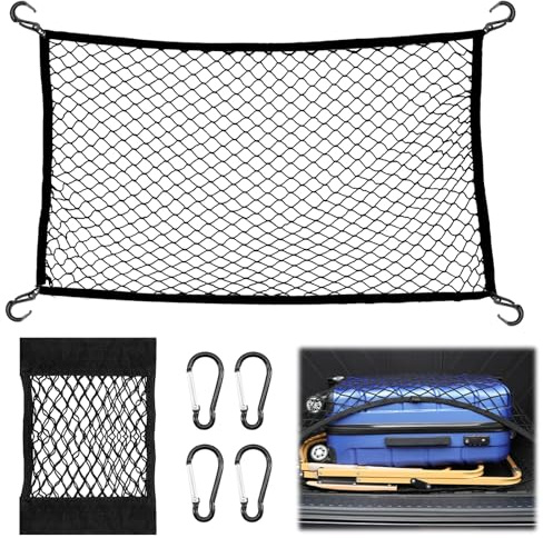 KASURE Gepäcknetz Auto, 40 X 60 cm Kofferraumnetz Mit 4 Karabinern, Kann Auf 72 X 108 cm Kofferraum Netz Erweitert Werden, Passend Für Die Meisten Kofferraumnetze Autos, Festes Gepäck