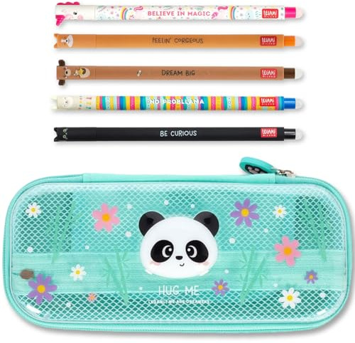 LEGAMI WonderWow Federmäppchen & radierbarer Stift | Set mit 5 niedlichen Tierstiften mit thermosensitiver Tinte + Federmäppchen mit 2 Fächern (Panda)