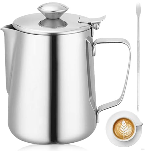 Jarra de leche con tapa, 350 ml, acero inoxidable, espumador de leche, jarra de leche, café, jarra de crema con aguja, jarra de espuma de leche para leche, té, café, capuchino (1P)