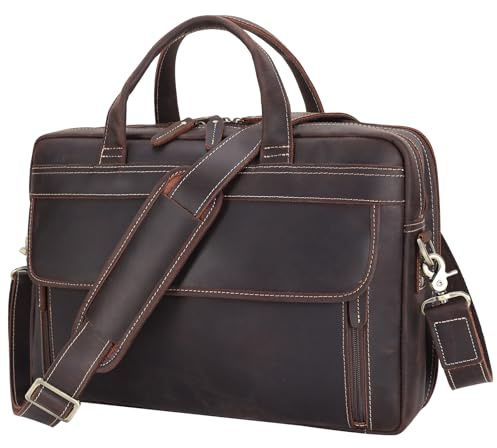 TIDING Genuine Leather Briefcases for Men 15.6 inch Two Laptop Case | Vintage Full Grain Shoulder Bag Two Laptop Case Portable Satchel Bag for Work Travel Business, Brown