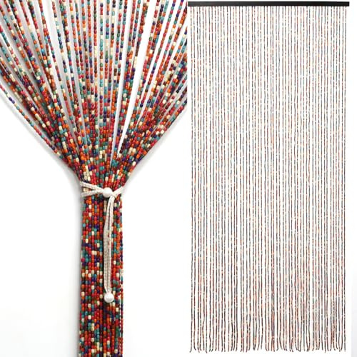 ANEELV Handgefertigter Perlenvorhang für Balkontüren und Fenster, 52 Stränge Holzperlen, Bohemian-Stil, Regenbogenfarben, geeignet für Fenster, Zimmer, Flure oder Trennwände, 90 x 190 cm